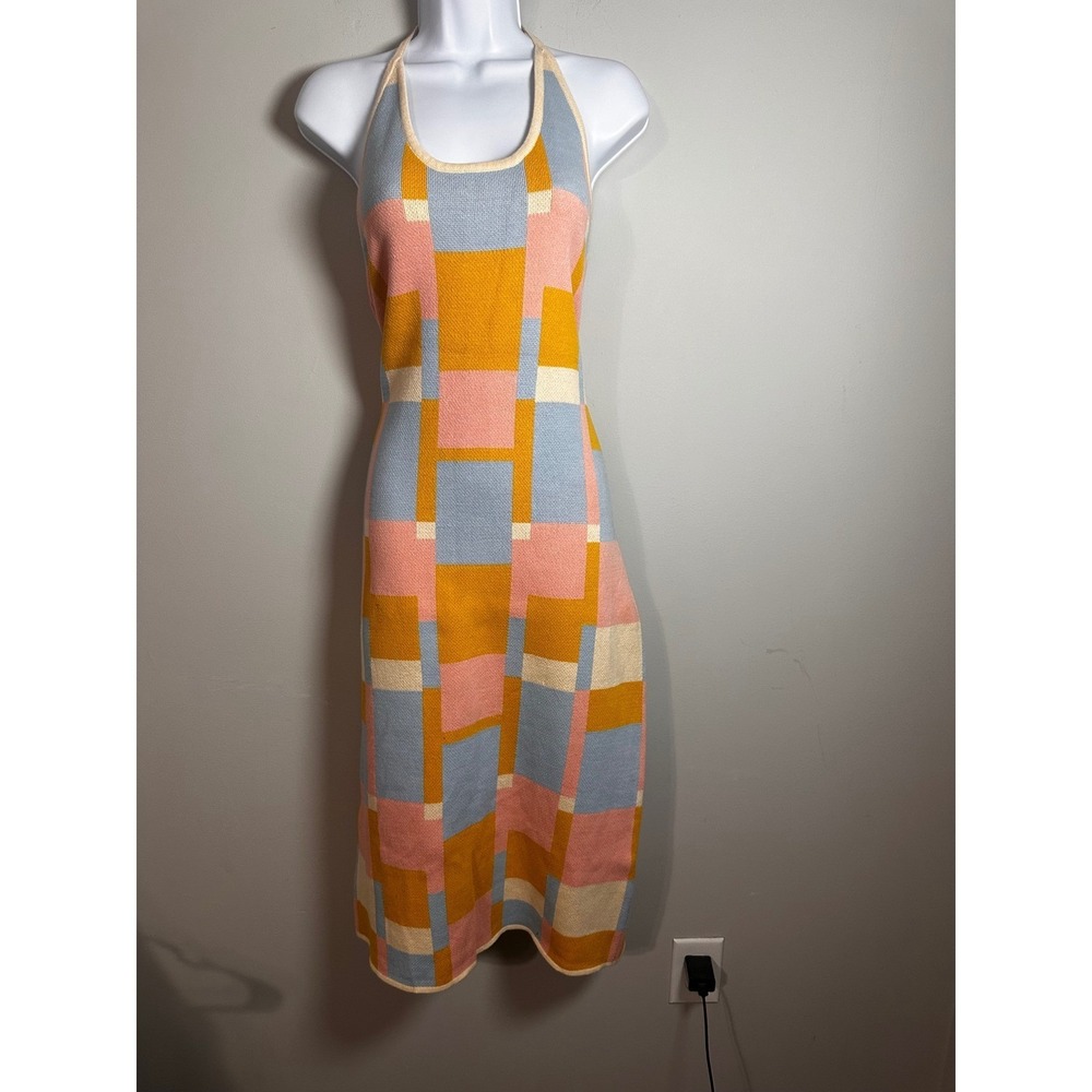 Callahan Knitwear Geometric Halter Midi Dress Blue Pink Yellow Cotton Blend L